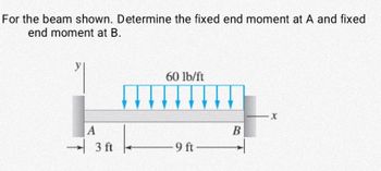 For the beam shown. Determine the fixed end moment at A and fixed
end moment at B.
y
A
→3 ft
60 lb/ft
-9 ft-
B
-X