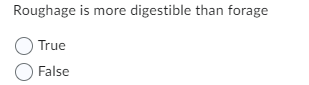 Roughage is more digestible than forage
O True
False