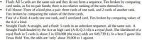 Flush: All 5 cards are the same suit and they do not form a sequence. Ties broken by comparing
card ranks, as for no-pair hands; there is no relative ranking of the suits themselves.
Full House: Three of a kind plus a pair: three cards of one rank, and 2 cards of another rank.
Ties broken by comparing the values of the three cards.
• Four of a Kind: 4 cards one one rank, and 1 unrelated card. Ties broken by comparing values of
the 4 of a kind.
Straight Flush: A straight, and a flush: 5 cards in an unbroken sequence, all the same suit. A
Straight Flush headed by the Ace as high card (A-K-Q-J-10) is a royal flush. The likelihood of a
royal flush in 5 cards is about 1 in 650,000 (the exact odds are 649,739:1). In a best-5 game like
Texas Hold 'Em, the odds are 'only' about 39,000 to 1 against.
