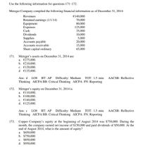 Use the following information for questions 171–172.
Metzger Company compiled the following financial information as of December 31, 2014:
€140,000
70,000
80,000
125,000
35,000
10,000
5,000
20,000
15,000
65,000
Revenues
Retained earnings (1/1/14)
Equipment
Expenses
Cash
Dividends
Supplies
Accounts payable
Accounts receivable
Share capital-ordinary
Metzger's assets on December 31, 2014 are
a. €275,000.
b. €210,000.
171.
с. €120,000.
d €135,000.
Difficulty: Medium
Thinking AICPA BB: Critical Thinking AICPA FN: Reporting
Ans: d
LO8
BT: AP
TOT: 1.5 min.
AACSB: Reflective
Metzger's equity on December 31, 2014 is
а. €110,000.
172.
b. €100,000.
c. €140,000.
d. €125,000.
Ans: c
Thinking AICPA BB: Critical Thinking AICPA FN: Reporting
LO8
BT: AP
Difficulty: Medium
TOT: 1.5 min.
AACSB: Reflective
Copper Company's equity at the beginning of August 2014 was $750,000. During the
month, the company earned net income of $150,000 and paid dividends of $50,000. At the
end of August 2014, what is the amount of equity?
a. $650,000
b. $750,000
c. $850,000
d. $950,000
173.
