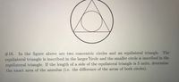 2316. In the figure above are two concentric circles and an equilateral triangle. The
equilateral triangle is inscribed in the larger circle and the smaller circle is inscribed in the
equilateral triangle. If the length of a side of the equilateral triangle is 5 units, determine
the exact area of the annulus (i.e. the difference of the areas of both circles).
