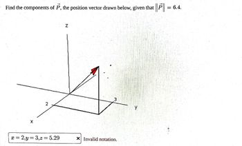 Find the components of P, the position vector drawn below, given that ||P|| = 6.4.
X
2
x=2,y=3,z = 5.29
Z
X Invalid notation.
y