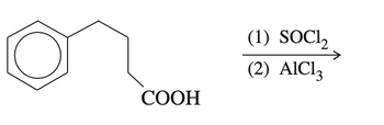 The image depicts a chemical reaction scheme. On the left side is the structural formula of a benzoic acid derivative with a propyl chain attached to the benzene ring. The molecular formula of the compound is C₉H₁₀O₂ or C₆H₅(CH₂)₃COOH.

To the right, there is an arrow indicating a reaction sequence. Above the arrow, the text "(1) SOCl₂" is written, indicating the first step involving thionyl chloride. Below the arrow, the text "(2) AlCl₃" is written, indicating the second step involving aluminum chloride.

This reaction likely represents the conversion of a carboxylic acid into an acyl chloride using thionyl chloride, followed by a Friedel-Crafts acylation reaction using aluminum chloride as a catalyst.