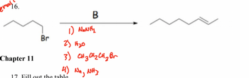 16.
emal
Chapter 11
Br
B
1) NaNE₂
2) H₂0
3) CH 3 CH ₂ CH ₂ Br
4) Na, NH3
17 Fill out the table