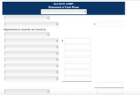 **BLOSSOM CORP. Statement of Cash Flows**

_Header Section:_
- Dropdown selection for specific details or categories.
- Empty space for entering dollar amounts.

_Main Section:_
- **Adjustments to reconcile net income to:**
  - Multiple dropdown options for selecting adjustments.
  - Corresponding empty fields for entering dollar amounts.
  
_Total:_
- Calculation area with lines for total amounts.

This structure is designed for inputting and calculating components of a cash flow statement, beginning with net income and adjustments. Dropdowns likely contain specific financial terms or categories, and fields allow for numerical entry, necessary for final cash flow calculations.