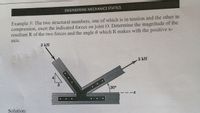 ENGINEERING MECHANICS STATICS
Example 5\ The two structural members, one of which is in tension and the other in
compression, exert the indicated forces on joint O. Determine the magnitude of the
resultant R of the two forces and the angle 0 which R makes with the positive x-
axis.
3 kN
2 kN
3
30°
Solution:
