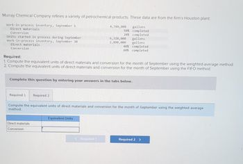 Murray Chemical Company refines a variety of petrochemical products. These data are from the firm's Houston plant:
Work-in-process inventory, September 1
Direct materials
Conversion
Units started in process during September
Work-in-process inventory, September 30
Direct materials
Conversion
Required 1 Required 2
4,760,000 gallons
50% completed
20% completed
Required:
1. Compute the equivalent units of direct materials and conversion for the month of September using the weighted-average method.
2. Compute the equivalent units of direct materials and conversion for the month of September using the FIFO method.
Direct materials
Conversion
6,320,000
2,890,000
Complete this question by entering your answers in the tabs below.
Equivalent Units
40%
60%
Required 1
gallons
gallons
completed
completed
Compute the equivalent units of direct materials and conversion for the month of September using the weighted-average
method.
Required 2 >