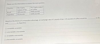 Please use this information to answer the next question.
Country
Brazil
Argentina
Per Capita
output of Tea
300 pounds
50 pounds
O acceptable; acceptable
unacceptable; unacceptable.
Per Capita output
of Coffee
Based on the theory of comparative advantage, an exchange rate of 1 pound of tea 25 pounds of coffee would be
and
to Argentina:
O acceptable; unacceptable
O unacceptable; acceptable
9000 pounds
1600 pounds
to Bra