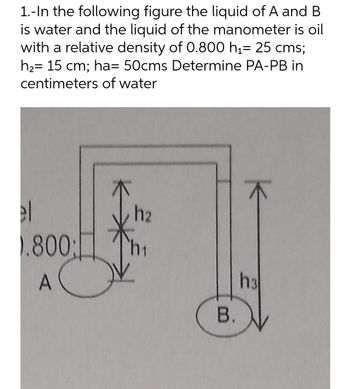 1.- In the following figure the liquid of A and B
is water and the liquid of the manometer is oil
with a relative density of 0.800 h₁= 25 cms;
h₂= 15 cm; ha= 50cms Determine PA-PB in
centimeters of water
el
h2
h3
.800;
A
B.