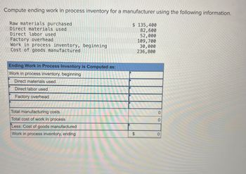 Compute ending work in process inventory for a manufacturer using the following information.
Raw materials purchased
Direct materials used
Direct labor used
Factory overhead
Work in process inventory, beginning
Cost of goods manufactured
Ending Work in Process Inventory is Computed as:
Work in process inventory, beginning
Direct materials used
Direct labor used
Factory overhead
Total manufacturing costs
Total cost of work in process
Less: Cost of goods manufactured
Work in process inventory, ending
$ 135,400
82,600
52,000
109,700
30,000
236,800
0
0
0