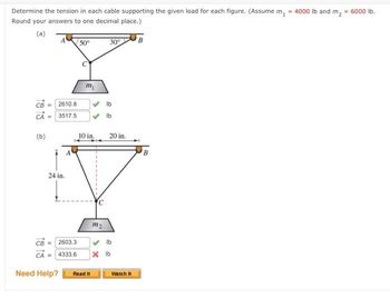 Determine the tension in each cable supporting the given load for each figure. (Assume m₁ = 4000 lb and m₂ = 6000 lb.
Round your answers to one decimal place.)
CA
11
(b)
2610.8
3517.5
24 in.
CB = 2603.3
50°
Need Help?
m₁
10 in.
m₂
Read It
30°
lb
=4333.6 x lb
20 in.
Watch It
B