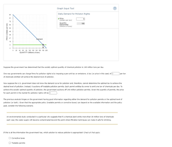 PRICE (Dollars perton)
90
81
72
63
54
45
30
27
18
9
0
0
+
I
40 60 80 100 120 140 160 180 200
QUANTITY (Millions of tons)
20 40
Demand
Graph Input Tool
Daily Demand for Pollution Rights
Price
(Dollars per ton)
Quantity
Demanded
(Millions of tons)
9
180
Suppose the government has determined that the socially optimal quantity of chemical pollution is 140 million tons per day.
Corrective taxes
Tradable permits
One way governments can charge firms for pollution rights is by imposing a per-unit tax on emissions. A tax (or price in this case) of S
of chemicals emitted will achieve the desired level of pollution.
(?)
Now suppose the U.S. government does not know the demand curve for pollution and, therefore, cannot determine the optimal tax to achieve the
desired level of pollution. Instead, it auctions off tradable pollution permits. Each permit entitles its owner to emit one ton of chemicals per day. To
achieve the socially optimal quantity of pollution, the government auctions off 140 million pollution permits. Given this quantity of permits, the price
for each permit in the market for pollution rights will be $
The previous analysis hinges on the government having good information regarding either the demand for pollution permits or the optimal level of
pollution (or both). Given that the appropriate policy (tradable permits or corrective taxes) can depend on the available information and the policy
goal, consider the following scenario.
An environmental study conducted in a particular city suggests that if a chemical plant emits more than 30 million tons of chemicals
each year, the water supply will become contaminated beyond the point where filtration techniques can make it safe for drinking.
If this is all the information the government has, which solution to reduce pollution is appropriate? Check all that apply.
per ton