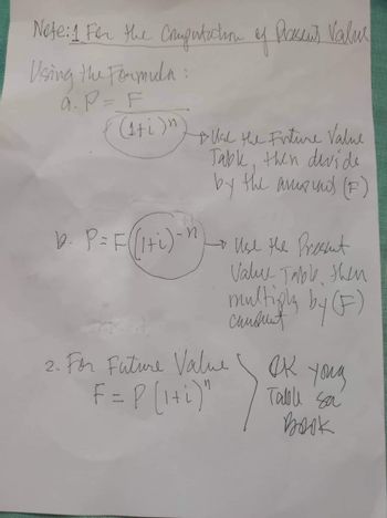 Note: 1. For the Computation of Praesent Value
Using the Formula:
a. P = F
(₁+i)n)
* Use the Finiture Value
Table, then divide
by the amound (F)
n
b. P=F((1+i) - Y
to Use the Present
Value Table, then
multiply by (F)
симания
2. For Future Value
n
F = P(₁+i)"
Ok
Yong
Table sa
Book