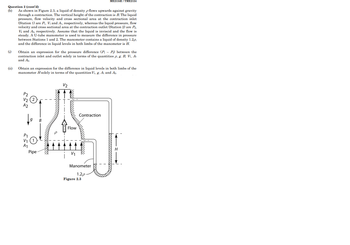 Question
2 (cont'd)
(b) As shown in Figure 2.3, a liquid of density p flows upwards against gravity
through a contraction. The vertical height of the contraction is B. The liquid
pressure, flow velocity and cross sectional area at the contraction inlet
(Station 1) are P₁, V₁ and A₁, respectively, whereas the liquid pressure, flow
velocity and cross sectional area at the contraction outlet (Station 2) are P₂,
V2 and 42, respectively. Assume that the liquid is inviscid and the flow is
steady. A U-tube manometer is used to measure the difference in pressure
between Stations 1 and 2. The manometer contains a liquid of density 1.2p,
and the difference in liquid levels in both limbs of the manometer is H.
(i)
(ii)
Obtain an expression for the pressure difference (PP) between the
contraction inlet and outlet solely in terms of the quantities p, g, B, Vi, A₁
and A₂.
ME2134E/TME2134
Obtain an expression for the difference in liquid levels in both limbs of the
manometer H solely in terms of the quantities V₁, g, A₁ and A₂.
V₂
A2
Contraction
14
Flow
Pipe
V/₁
Manometer
1.2p
Figure 2.3