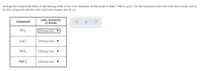 ### Ionic Character of Bonds in Compounds

**Instructions:**
Arrange the compounds below in decreasing order of the ionic character of the bonds in them. That is, pick 1 for the compound with the most ionic bonds, pick 2 for the compound with the next most ionic bonds, and so on.

| compound | ionic character of bonds |
|----------|---------------------------|
| PCl₃     | (Choose one)              |
| CsCl     | (Choose one)              |
| SiCl₄    | (Choose one)              |
| MgCl₂    | (Choose one)              |

To proceed, select from the dropdown options provided for each compound.