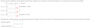 Find the points of inflection of the graph of the function. (Round your answers to three decimal places. If an answer does not exist, enter DNE.)
f(x) = 5 sin x + sin 2x,
[0, 2π]
(smallest x-value)
(x, y) =
(x, y) =
(x, y) =
X
concave downward
X
X
(largest x-value)
Describe the concavity. (Enter your answers using interval notation. Round your answers to three decimal places. If an answer does not exist, enter DNE.)
concave upward