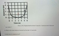 0 1 2 3 4 5 6
Time (s)
1.
What is the displacement at time 0 second, 3 second and 6 second
(by meter) ?
2) What is the total distance traveled by the ball in 6 seconds.
3) what was its displacement?
543 N
Distance (m)
