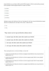 Assume that there are no crowding-out effects and the MPC for Canada is .8. By how much must the government
increase spending to shift the aggregate demand curve right by $10 billion?
O $2 billion
O $3 billion
O $4 billion
O $6 billion
O $10 billion
Influential economists, like John Keynes, believed in "lean against the wind" policy because he felt that the government
should not use stabilization policy and simply let the economy "weather the storm."
O True
O False
Wage contracts can fix wages and therefore inflation reduces
O nominal wages; this likely makes labor markets more flexible.
O nominal wages; this likely makes labor markets less flexible.
O real wages; this likely makes labor markets more flexible.
O real wages; this likely makes labor markets less flexible.
When considering the short-run, what does the Phillips curve shows that
O unemployment and inflation that arise in the short run as aggregate demand shifts the economy along the short-run
aggregate supply curve.
O unemployment and inflation that arise in the short run as short-run aggregate supply shifts the economy along the
aggregate demand curve.
O real GDP and the price level that arise in the short run as short-run aggregate supply shifts the economy along the
aggregate demand curve.
O real GDP and the price level that arise in the short run as aggregate demand shifts the economy along the short-run
aggregate supply curve.

