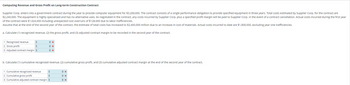 Computing Revenue and Gross Profit on Long-term Construction Contract
Supplier Corp. enters into a government contract during the year to provide computer equipment for $3,200,000. The contract consists of a single performance obligation to provide specified equipment in three years. Total costs estimated by Supplier Corp. for the contract are
$2,240,000. The equipment is highly specialized and has no alternative uses. As negotiated in the contract, any costs incurred by Supplier Corp. plus a specified profit margin will be paid to Supplier Corp. in the event of a contract cancellation. Actual costs incurred during the first year
of the contract were $1,024,000 including unexpected cost overruns of $128,000 due to labor inefficiencies.
Assume that at the end of the second year of the contract, the estimate of total costs has increased to $2,400,000 million due to an increase in cost of materials. Actual costs incurred to date are $1,800,000, excluding year one inefficiencies.
a. Calculate (1) recognized revenue, (2) the gross profit, and (3) adjusted contract margin to be recorded in the second year of the contract.
1 Recognized revenue
$
2 Gross profit
$
3 Adjusted contract margin $
0 x
0 x
0 x
b. Calculate (1) cumulative recognized revenue, (2) cumulative gross profit, and (3) cumulative adjusted contract margin at the end of the second year of the contract.
1 Cumulative recognized revenue
$
2 Cumulative gross profit
$
3 Cumulative adjusted contract margin $
0 x
0 x
0 x