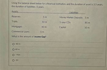 Using the balance sheet below for a financial institution, and the duration of asset is 3.5 years,
the duration of liabilities .5 years.
Assets
Reserves
T-bills
Mortgages
Commercial Loans
Liabilities
5 m
Money Market Deposits 5 m
50 m
1-year CDs
85 m
40 m
Capital
10 m
5 m
What is the amount of Income Gap?
-40 m
40 m
- 90m
-30