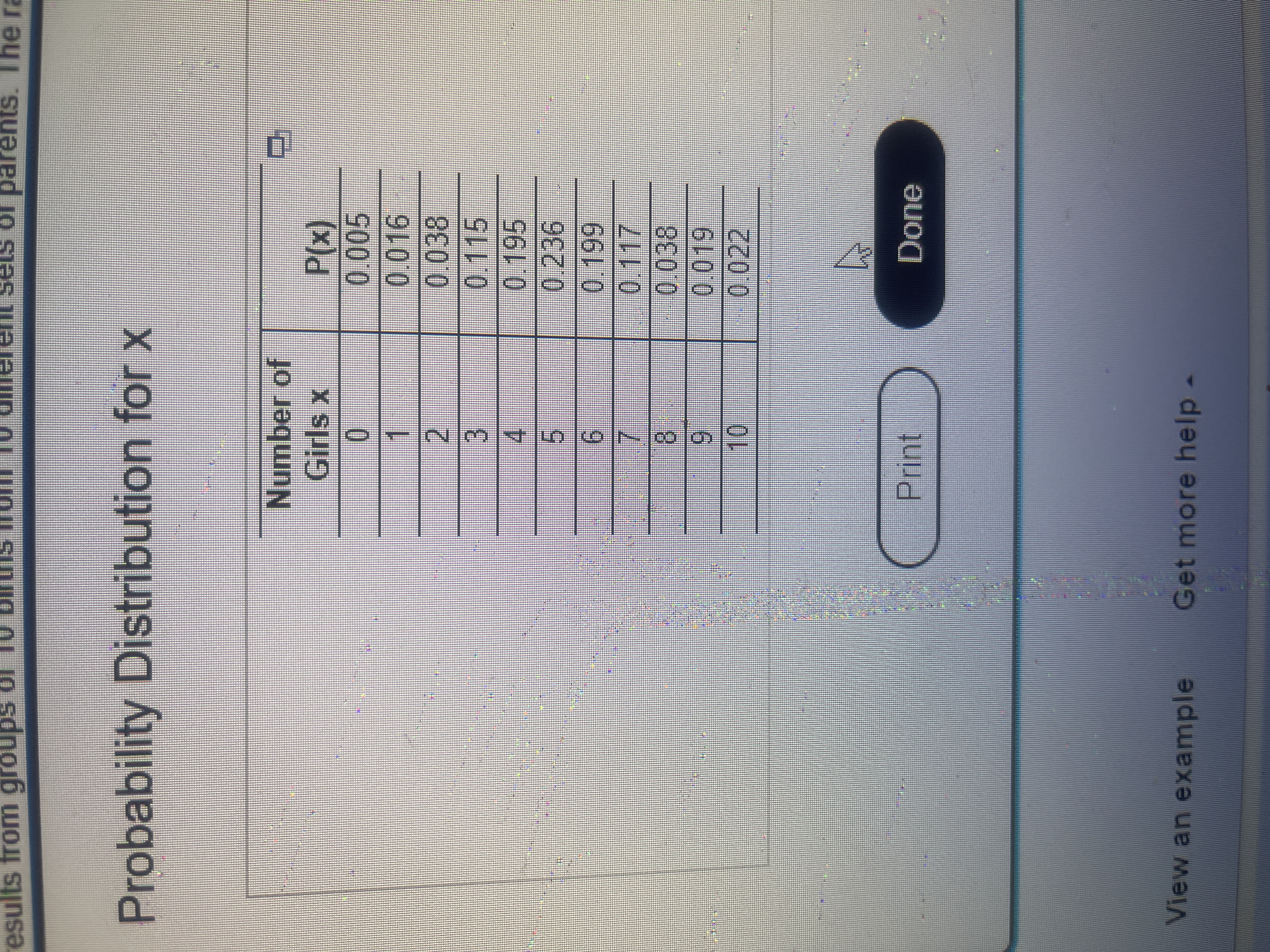 of parents. The ra
Probability Distribution for x
Number of
Girls x
0.016
0.038
0.115
0.195
0.236
1.
2.
3.
5.
6.
0.117
0.038
8.
6.
019
0.022
10
Print
Done
View an example
Get more help.
