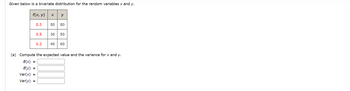 Given below is a bivariate distribution for the random variables x and y.
f(x, y) x y
0.3
0.5
0.2
50 80
30 50
40 60
(a) Compute the expected value and the variance for x and y.
E(X) =
E(y) =
Var(x) =
Var(y) =