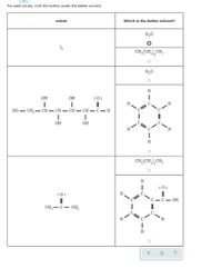 For each solute, click the button under the better solvent.
solute
Which is the better solvent?
H,0
CH:(CH,),CH,
H,0
--
он
он
:0:
но — сн,— сн — сн — сн— сн —с—н
он
он
H.
CH,(CH;),CH,
:0:
:0:
H.
C-C- OH
NH,-C- NH,
H.
H
E -C
