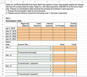 2
3
4
LO
5
6
7
8
9
10
11
12
13
14
15
16
17
18
19
20
21
22
23
24
A
C
F
Halep Inc. borrowed $30,000 from Davis Bank and signed a 4-year note payable stating the interest
rate was 4% compounded annually. Halep Inc. will make payments of $8,264.70 at the end of each
year. Prepare an amortization table showing the principal and interest in each payment.
1. Prepare the amortization table for the borrowing
2. Prepare journal entries to record the borrowing, year 1 and year 2 payments
Part 1
Amortization Table
Jan 1, 2018
Dec 31, 2018
Dec 31, 2019
Dec 31, 2020
Dec 31, 2021
Part 2
Date
Jan. 1
Dec. 31
Dec. 31
B
Beginning
Balance
Account Title
Cash
Payment
To record the borrowing
To record year 1 payment
To record year 2 payment
D
Interest
Expense
E
To Principal
Debit
Ending
Balance
Credit
G