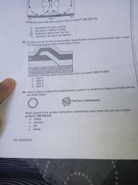 30°N
Equator
30°S
Which process is the main source of this movement? (SC.6.E.7.5)
movement of ocean currents
b. decrease in relative humidity
@ heating by energy from the Sun
d. warming in the upper atmosphere
a.
68. In Earth science, the law of superposition states that the rock layer below another layer is older.
The following diagram shows some layers of rock.
2
3
According to the law, which numbered layer is the youngest? (SC.7.E.6.4)
layer 1
b. layer 2
c. layer 3
d. layer 4
a.
69. Caleb's class is studying the Earth/Sun/Moon system. He studies the diagram of Earth and the
sun shown below.
Northern Hemisphere
Which season is the northern hemisphere experiencing when Earth and sun are in these
positions? (SC.8.E.5.9)
a. spring
b.
summer
C.
fall
d. Winter
Rev. 8/26/2016
