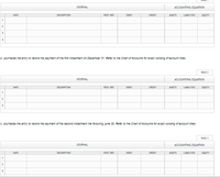 JOURNAL
ACCOUNTING EQUATION
DATE
DESCRIPTION
POST. REF
DEBIT
CREDIT
ASSETS
LIABILITIES
EQUITY
1
b. Joumalize the entry to record the payment of the first instaliment on December 31. Refer to the Chart of Accounts for exact wording of account tiles.
PAGE 2
JOURNAL
ACCOUNTING EQUJATION
DATE
DESCRIPTION
POST. REF.
DEBIT
CREDIT
ASSETS
LIABILITIES
EQUITY
1
C. Journaiize the entry to record the payment of the second instalment the folowing June 30. Refer to the Chart of Accounts for exact wording of account nities.
PAGE 1
JOURNAL
ACCOUNTING EQJATION
DATE
DESCRIPTION
POST. REF.
DEBIT
CREDIT
ASSETS
LIABILITIES
EQUITY
1
