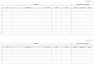 PAGE 11
JOURNAL
ACCOUNTING EQUATION
DATE
DESCRIPTION
POST. REF.
DEBIT
CREDIT
ASSETS
LIABILITIES
EQUITY
1
PAGE 12
JOURNAL
ACCOUNTING EQUJATION
DATE
DESCRIPTION
POST. REF.
DEBIT
CREDIT
ASSETS
LIABILITIES
EQUITY
1
