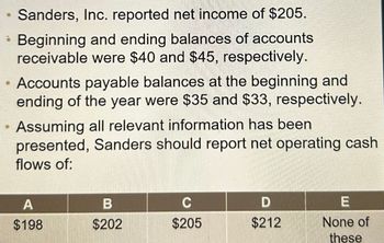 ●
Sanders, Inc. reported net income of $205.
Beginning and ending balances of accounts
receivable were $40 and $45, respectively.
• Accounts payable balances at the beginning and
ending of the year were $35 and $33, respectively.
Assuming all relevant information has been
presented, Sanders should report net operating cash
flows of:
A
$198
$202
с
$205
D
$212
E
None of
these