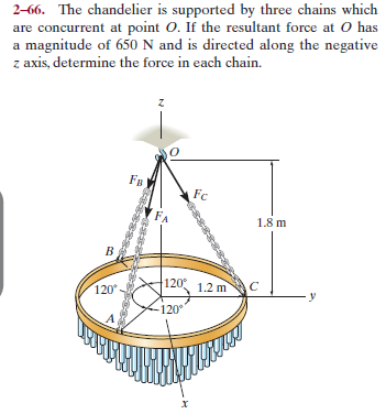 2-66. The chandelier is supported by three chains which
are concurrent at point O. If the resultant force at O has
a magnitude of 650 N and is directed along the negative
z axis, determine the force in each chain.
FB
Fc
FA
1.8 m
120
120
1.2 m
У
-120°
х
