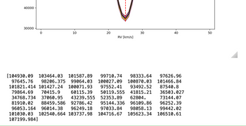 40000
30000
0
10
20
RV [km/s]
30
40
93492.52
[104930.09 103464.03 101587.89 99710.74 98333.64
97645.76 98206.375 99064.03 100027.09 100870.03
101821.414 101427.24 100071.93 97552.41
79864.69 70415.9 60115.39 50119.555
34768.734 37060.95 43239.555 52353.89
81910.02
41815.21
36503.027
62804.
73144.07
95144.336 96109.86
96252.39
96249.18
97033.84
98058.13
99442.02
88459.586 92786.42
96053.164 96014.38
101030.03 102540.664 103737.98 104716.67 105623.34 106510.61
107199.984]
97626.96
101466.84
87540.8
50
