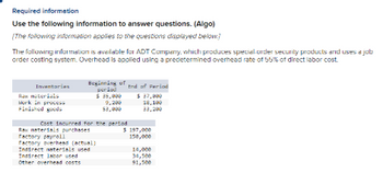 Required information
Use the following information to answer questions. (Algo)
[The following information applies to the questions displayed below]
The following information is available for ADT Company, which produces special-order security products and uses a job
order costing system. Overhead is applied using a predetermined overhead rate of 55% of direct labor cost.
Inventaries
Raw materials
Mork in process
Finished goods
Beginning of
period
$ 35,000
9,200
53,000
Cost incurred for the period
Raw materials purchases
Factory payroll
Factory overhead (actual)
Indirect materials used
Indirect labor used
Other overhead costs
End of Period
$ 37,900
18,100
33,200
$ 197,000
150,000
14,000
34,500
91,500