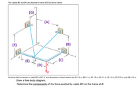 Two cables BG and BH are attached to frame ACD as shown below.
y
(G)
(A)
|G
Н
(F)
(B)
D
(E)
(C)
В
(D)
C
P
Knowing that the tension in cable BG is 307 N, and dimensions of each section are (A) 1.8 m, (B) 2.1 m, (C) 1.8 m, (D) 1.2 m, (E) 1.2 m, (F) 2.25 m, and (G) 0.16 m.
Draw a free-body diagram.
Determine the components of the force exerted by cable BG on the frame at B.
