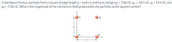 In the figure the four particles form a square of edge length a = 6.60 cm and have charges q₁ = 7.06 nC, q2 = -19.3 nC, 93 = 19.3 nC, and
94 = -7.06 nC. What is the magnitude of the net electric field produced by the particles at the square's center?
a
91
94
92