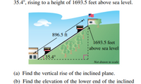 35.4°, rising to a height of 1693.5 feet above sea level.
896.5 ft
829
135.4°
1693.5 feet
above sea level
Not drawn to scale
(a) Find the vertical rise of the inclined plane.
(b) Find the elevation of the lower end of the inclined
