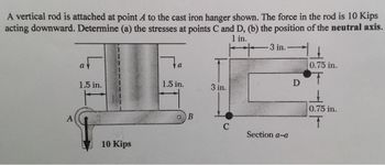 A vertical rod is attached at point A to the cast iron hanger shown. The force in the rod is 10 Kips
acting downward. Determine (a) the stresses at points C and D, (b) the position of the neutral axis.
1 in.
-3 in.
A
av
1.5 in.
10 Kips
a
1.5 in.
O B
3 in.
C
Section a-a
D
0.75 in.
↑
0.75 in.
T