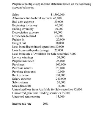 Prepare a multiple step income statement based on the following
account balances:
Sales
$1,300,000
Allowance for doubtful accounts 45,000
Bad debt expense
Beginning inventory
Ending inventory
Depreciation expense
Dividends declared
Freight in
Freight out
Prepaid insurance
Purchases
Purchase returns
Purchase discounts
Rent expense
Salary expense
Sales returns
Sales discounts
20,000
18,000
Loss from discontinued operations 80,000
Loss from earthquake damage 22,000
Loss from sale of Available for Sale securities 7,000
Lottery winnings
30,000
40,000
30,000
Income tax rate
90,000
20%
25,000
Unrealized loss from Available for Sale securities 42,000
Unrealized gain from Trading securities 25,000
Unearned rent revenue
15,000
50,000
25,000
600,000
20,000
10,000
100,000
240,000
20,000
8,000