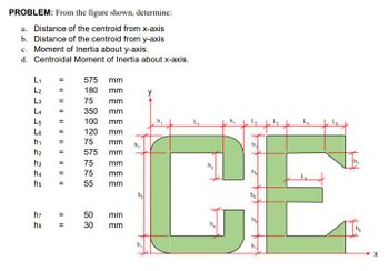 PROBLEM: From the figure shown, determine:
a. Distance of the centroid from x-axis
b. Distance of the centroid from y-axis
c. Moment of Inertia about y-axis.
d. Centroidal Moment of Inertia about x-axis.
5959 9 2 2 2 2 2
L₁
L₂
=
L3 =
L4 =
=
L5
Le
h₁
h4
h7
ha
11
11
||||||
=
=
1111
=
575
180
mm
mm
75 mm
350
mm
100
mm
mm.
120
75
575
75
75
55
mm
mm
mm
mm
mm
50 mm
30
mm
L₂
CE
L₁
L₂
X