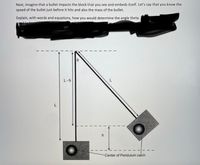 ### Understanding the Motion of a Bullet and Block System

**Problem Description:**

Consider a scenario where a bullet impacts and embeds itself into a block. Assume you know the speed of the bullet just before the impact and the mass of the bullet.

The task is to determine the angle \(\theta\) using both words and equations.

**Diagram Explanation:**

The diagram illustrates a system where a bullet has impacted a block, which is part of a pendulum set-up. The block (including the bullet) swings upwards after the collision.

- The pendulum is initially vertical.
- After the collision, the pendulum swings to a new position, forming an angle \(\theta\) with the vertical.
- **L** is the length of the pendulum.
- **h** is the vertical height the block rises after the collision.
- **L - h** depicts the remaining vertical component after the block has swung upward.
- The bottom of the diagram shows the center of the pendulum at the highest point of swing.

**Determining the Angle**

1. **Using Energy Conservation:**
   - When the bullet embeds into the block, the kinetic energy of the system is partially converted into potential energy at the peak of the swing.
   - Formula for potential energy at the highest point:
     \[
     mgh
     \]
   - Where \(m\) is the mass of the bullet-block combination, \(g\) is the acceleration due to gravity, and \(h\) is the height.

2. **Using Momentum Conservation:**
   - Momentum is conserved during the bullet-block collision.
   - Initial momentum:
     \[
     m_{\text{bullet}} \cdot v_{\text{bullet}}
     \]
     Where \(v_{\text{bullet}}\) is the speed of the bullet before impact.
   - Final momentum (just after impact):
     \[
     (m_{\text{bullet}} + m_{\text{block}}) \cdot v
     \]
     Solving for \(v\) gives the velocity just after impact.

3. **Calculate \(h\):**
   - \(h\) can be calculated using trigonometry:
     \[
     h = L - L \cdot \cos(\theta)
     \]

4. **Equation for \(\theta\):**
   - By equating kinetic and potential energies, or using \(h\) from above, solve for \(\