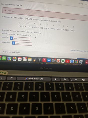 Current Attempt in Progress
× Incorrect.
If the range of X is the set {0,1,2,3,4,5,6,7,8) and P(X = x) is defined in the following table:
X
0
1
2
3
4
5 6 7 8
P(X = x) 0.1119 0.3272 0.1182 0.0818 0.0498 0.0818 0 0.0657 0.1636
determine the mean and variance of the random variable.
Round your answers to two decimal places.
(a) Mean = i 2.96
(b) Variance =
6.02
eTextbook and Media
2
R
SEP
16
ece
→.
C
#
$
3
44 อย
MacBook Pro
G Search or type URL
&
2
6
7
V1
95
54
E
R
T
Y
U
8*
0/1 E
Statistical Tables and Charts
(
9
>
0
&
D
F
G
H
J
K
L
P