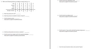 2. Refer to the following preference schedule to answer parts (a)-6).
First
A
Second
Third
Fourth
Number of Voters
C
D
8
A
18
C
D
12
D
a. How many votes were cast?
b. How many votes are needed to receive a majority?
c. Find the plurality winner:
Show work to support the selection process
C
11
B
D
A
8
d. Did the plurality winner also receive a majority?
e. Find the winner by a single runoff of the top two candidates:
Show work to support the selection process below.
D
A
1. Find the winner by a sequential runoff:
Show work to support the selection process.
& Find the winner by a Borda count:
Show work to support the selection process.
h. Find the winner, if any, by the method of pairwise comparisons:
Show work to support the selection process
L From the results of (a)-(h) is there a clear winner? Explain.
