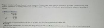 Helga is considering the purchase of a small restaurant. The purchase price listed by the seller is $890,000. Helga has used past
financial information to estimate that the net cash flows (cash inflows less cash outflows) generated by the restaurant would be as
follows:
Years
1-6
7
8
9
10
Amount
$ 89,000
79,000
69,000
59,000
49,000
If purchased, the restaurant would be held for 10 years and then sold for an estimated $790,000.
Required:
Determine the present value, assuming that Helga desires an 11% rate of return on this investment. (Assume that all cash flows occur at
the end of the year.)