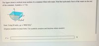 The figure shows a vertical cross section of a container filled with water. Find the hydrostatic force of the water on the end
of the container. Assume a = 7 m.
Note: Using SI units, pg = 9800 N/m3.
(Express numbers in exact form. Use symbolic notation and fractions where needed.)
F =
