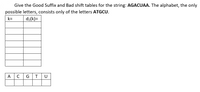 Give the Good Suffix and Bad shift tables for the string: AGACUAA. The alphabet, the only
possible letters, consists only of the letters ATGCU.
k=
d2(k)=
A
G
U
