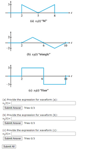 5
8
(a) x1(1) “M"
10
-24
(b) x2(t) “triangle"
10
-34
(c) x3(1) “Haar"
(a) Provide the expression for waveform (a):
X1(t)=|
Submit Answer Tries 0/3
(b) Provide the expression for waveform (b):
X2(t)=
Submit Answer Tries 0/3
(c) Provide the expression for waveform (c):
X3(t)=
Submit Answer Tries 0/3
Submit All
2.
