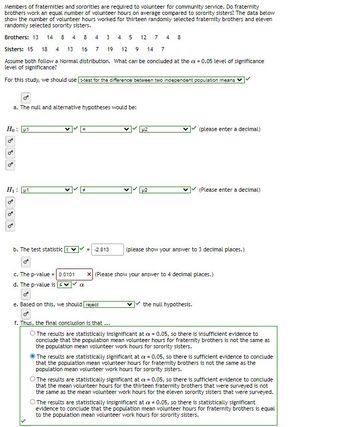 Members of fraternities and sororities are required to volunteer for community service. Do fraternity brothers work an equal number of volunteer hours on average compared to sorority sisters? The data below show the number of volunteer hours worked for thirteen randomly selected fraternity brothers and eleven randomly selected sorority sisters.

- **Brothers:** 13, 14, 8, 4, 3, 4, 5, 12, 7, 14, 8
- **Sisters:** 15, 18, 4, 13, 5, 7, 19, 12, 19, 14, 7

Assume both follow a Normal distribution. What can be concluded at the α = 0.05 level of significance?

For this study, we use a **t-test for the difference between two independent population means**.

### a. The null and alternative hypotheses would be:

- \( H_0: \mu_1 = \mu_2 \)
- \( H_1: \mu_1 \neq \mu_2 \)

### b. The test statistic

- Test statistic \( t = -2.813 \)

### c. The p-value

- p-value = 0.0101

### d. The p-value is \( \leq \alpha \)

### e. Based on this, we should:

- **Reject** the null hypothesis.

### f. Thus, the final conclusion is that:

- The results are statistically significant at \( \alpha = 0.05 \), so there is sufficient evidence to conclude that the population mean volunteer hours for fraternity brothers is not the same as the population mean volunteer work hours for sorority sisters.