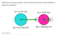 Base from the figure below, what is the final velocity if the collision is
perfectly inelastic?
|M = 0.70 m/s
|v = 0.30 m/s
Ipl = 2.10 kg m/s
Ipl = 0.60 kg m/s
Your answer
